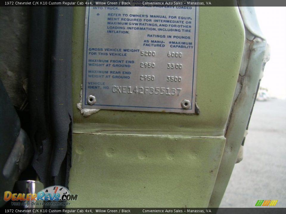 Info Tag of 1972 Chevrolet C/K K10 Custom Regular Cab 4x4 Photo #10