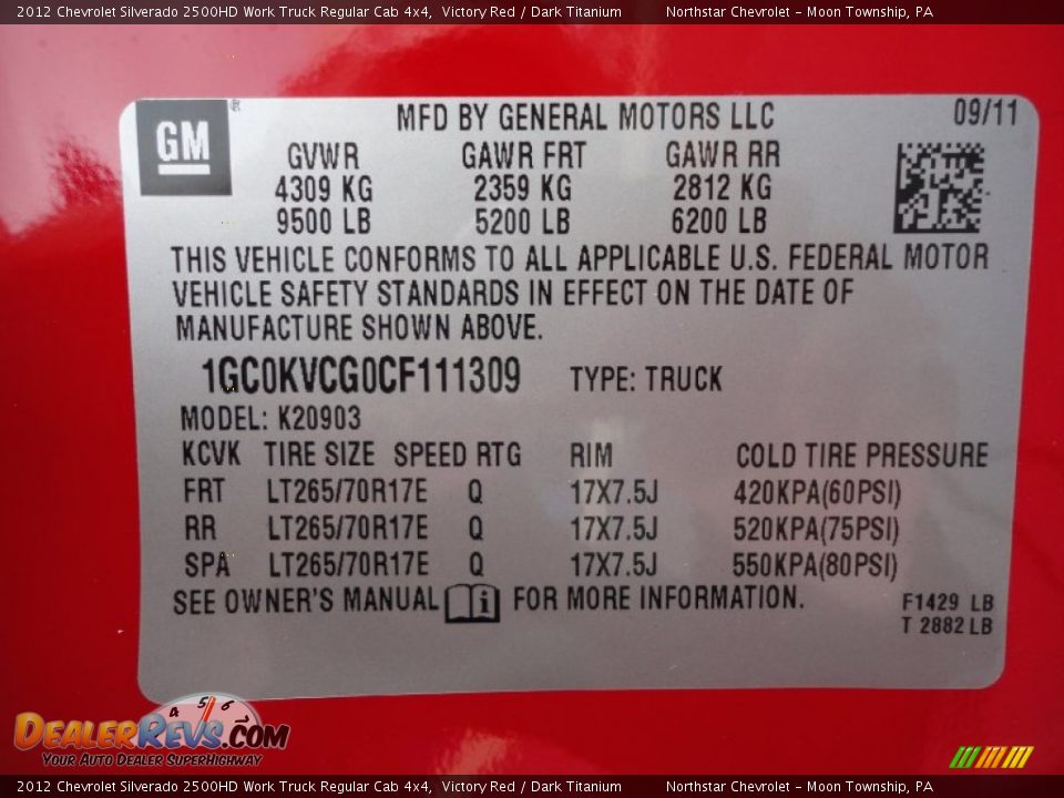 Info Tag of 2012 Chevrolet Silverado 2500HD Work Truck Regular Cab 4x4 Photo #20