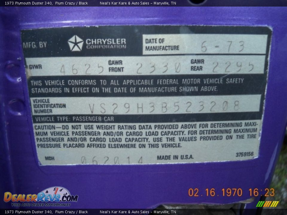 Info Tag of 1973 Plymouth Duster 340 Photo #13