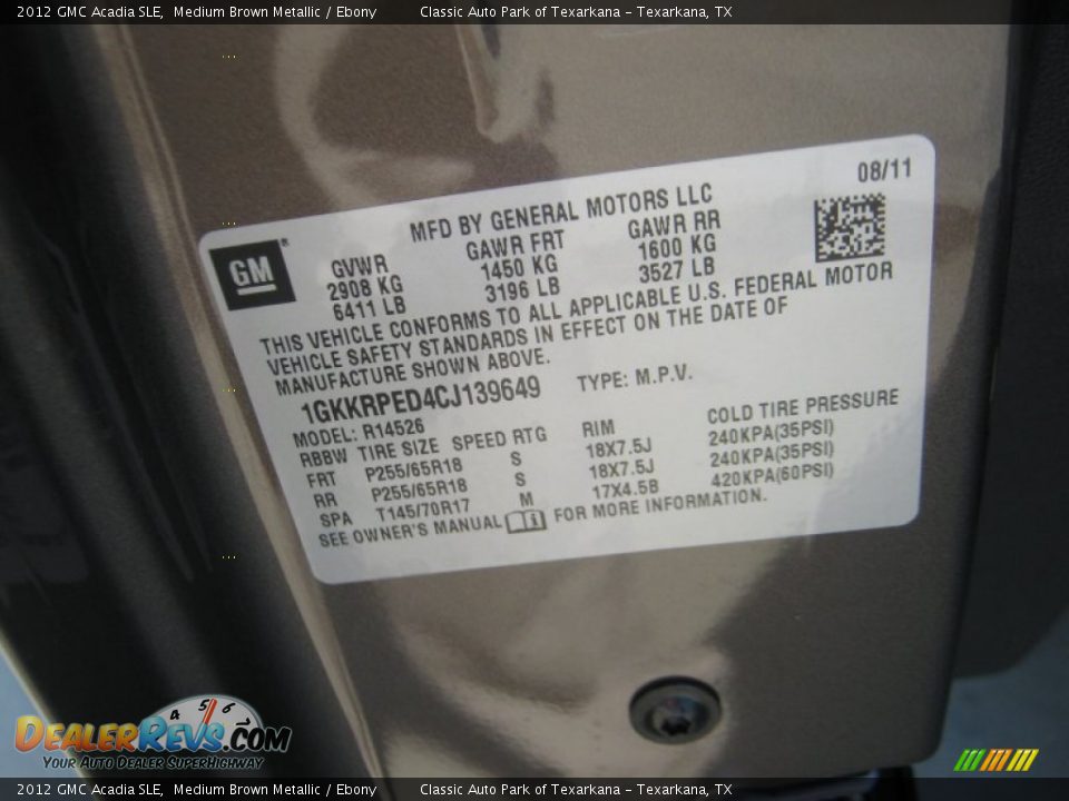 Info Tag of 2012 GMC Acadia SLE Photo #26