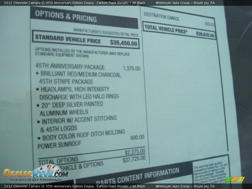 2012 Chevrolet Camaro SS 45th Anniversary Edition Coupe Window Sticker Photo #18