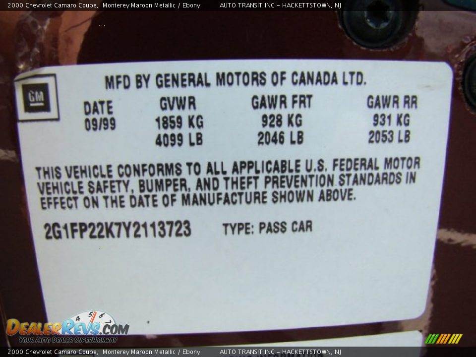 Info Tag of 2000 Chevrolet Camaro Coupe Photo #29
