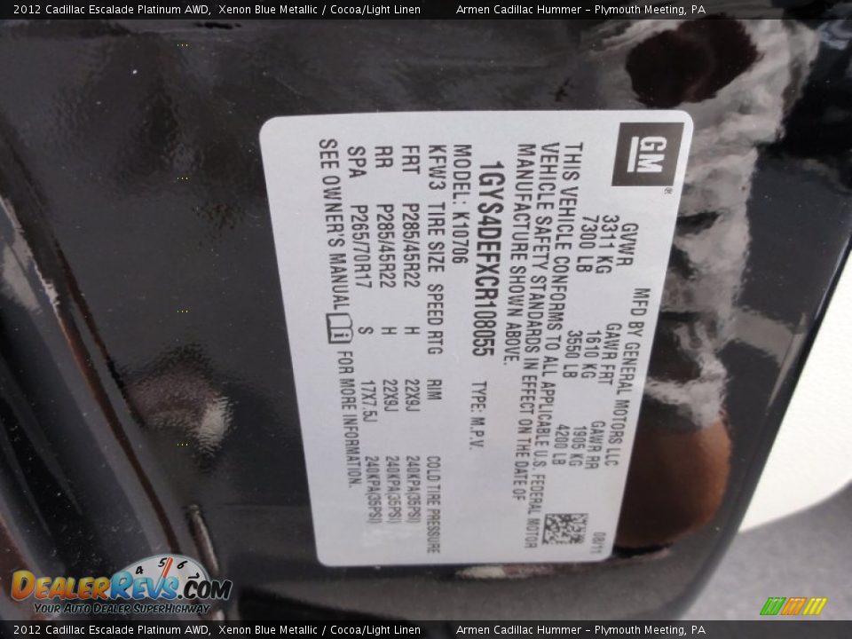 Info Tag of 2012 Cadillac Escalade Platinum AWD Photo #14