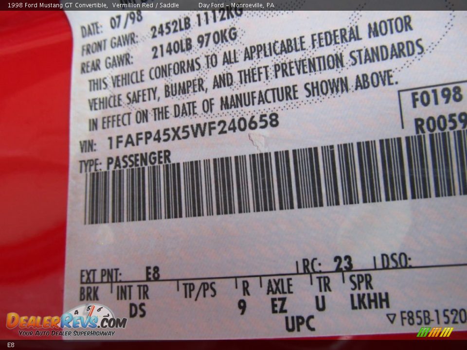 Ford Color Code E8 Vermillion Red