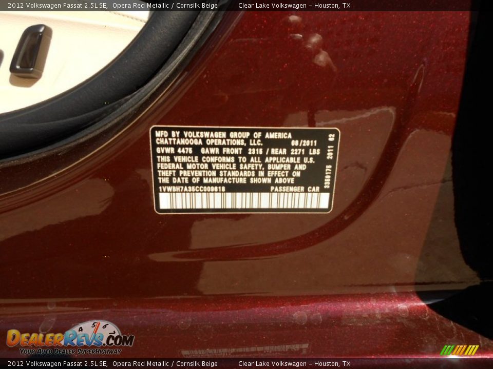 2012 Volkswagen Passat 2.5L SE Opera Red Metallic / Cornsilk Beige Photo #22