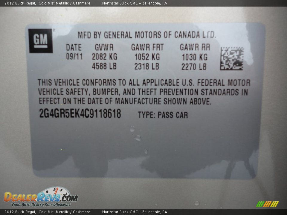 Info Tag of 2012 Buick Regal  Photo #20