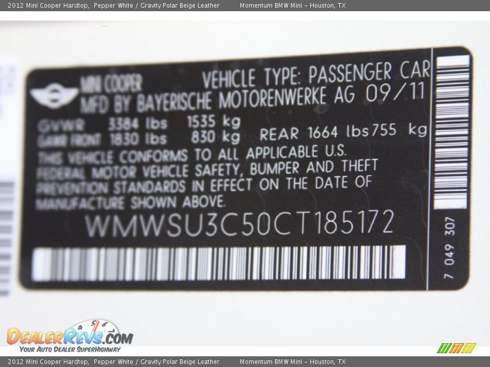 2012 Mini Cooper Hardtop Pepper White / Gravity Polar Beige Leather Photo #8