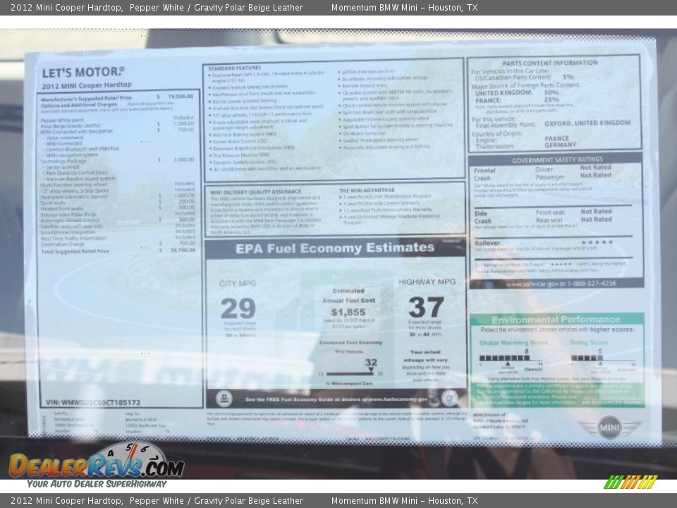 2012 Mini Cooper Hardtop Window Sticker Photo #29