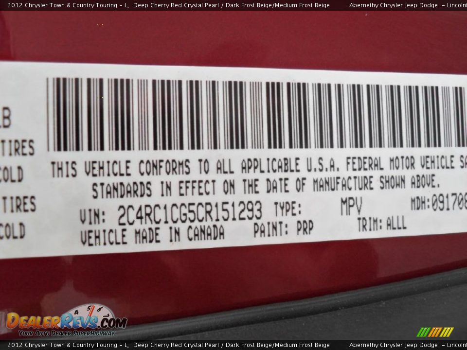 2012 Chrysler Town & Country Touring - L Deep Cherry Red Crystal Pearl / Dark Frost Beige/Medium Frost Beige Photo #6