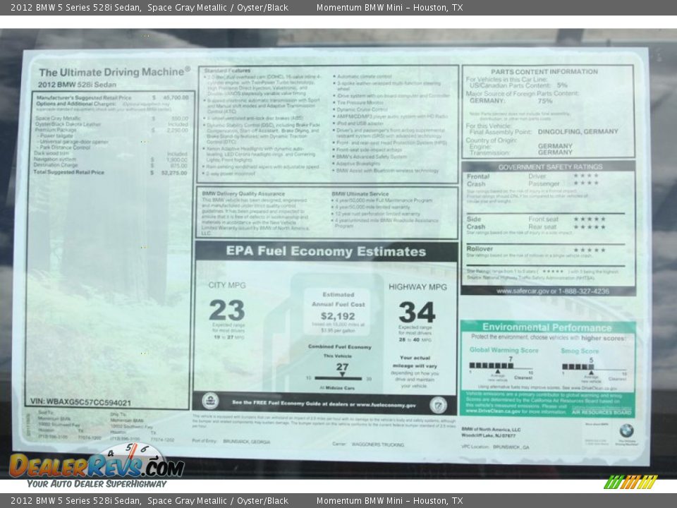 2012 BMW 5 Series 528i Sedan Window Sticker Photo #30