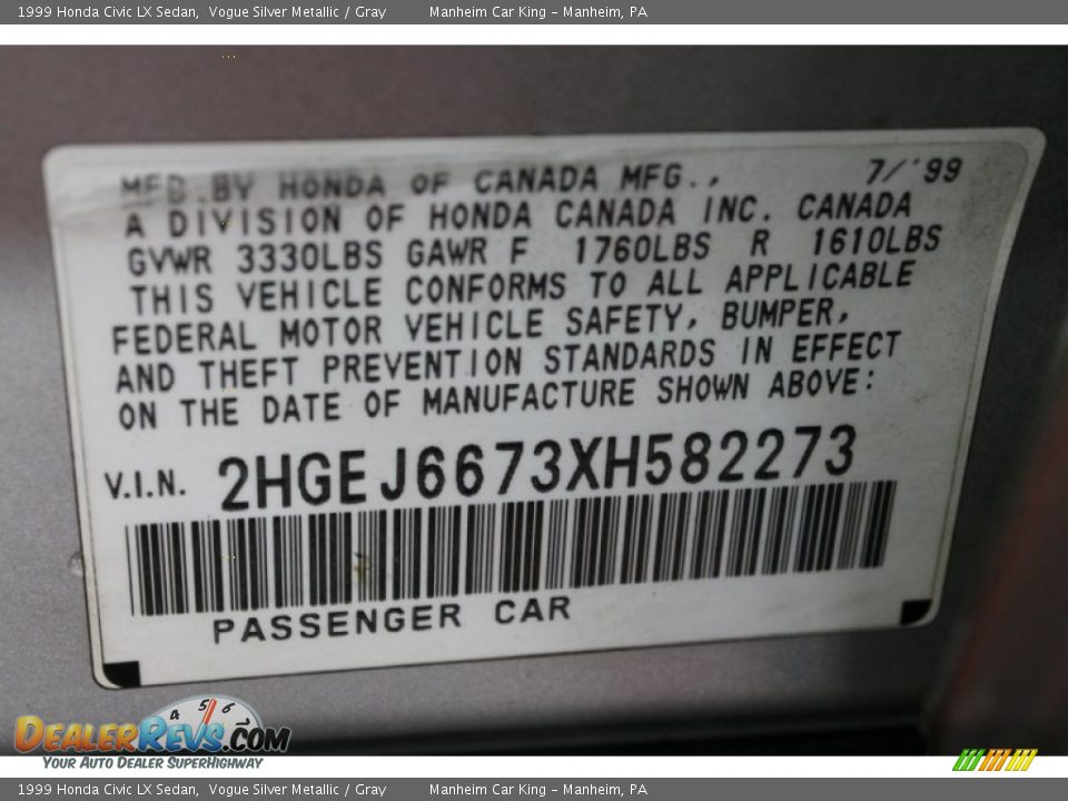 1999 Honda Civic LX Sedan Vogue Silver Metallic / Gray Photo #8