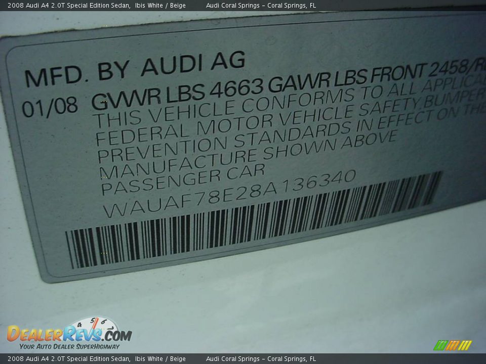 2008 Audi A4 2.0T Special Edition Sedan Ibis White / Beige Photo #17