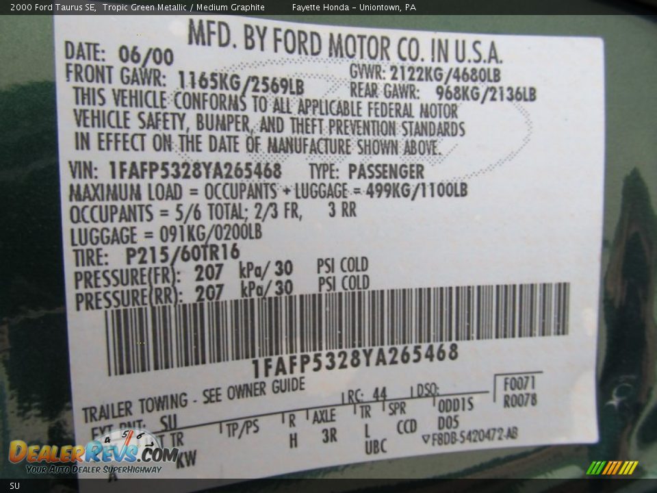 Ford Color Code SU Tropic Green Metallic