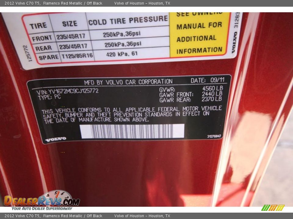 Info Tag of 2012 Volvo C70 T5 Photo #8