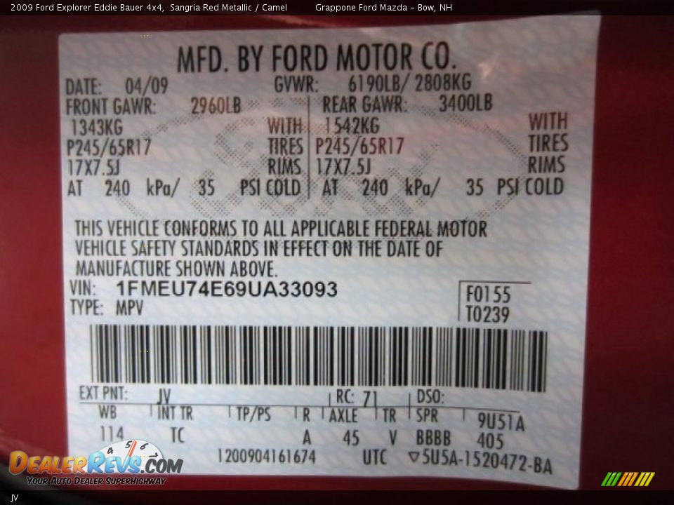 Ford Color Code JV Sangria Red Metallic