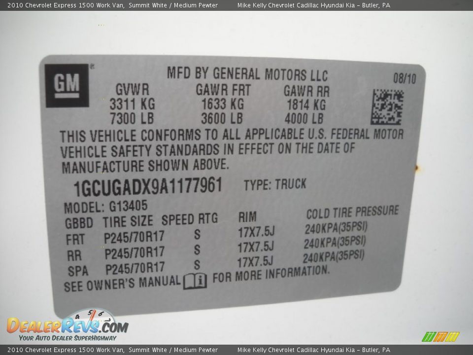 2010 Chevrolet Express 1500 Work Van Summit White / Medium Pewter Photo #14