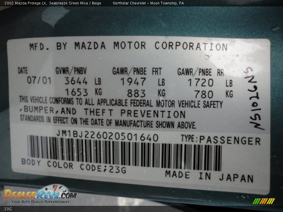 Mazda Color Code 23G Seabreeze Green Mica