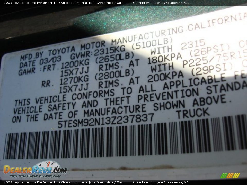2003 Toyota Tacoma PreRunner TRD Xtracab Imperial Jade Green Mica / Oak Photo #19