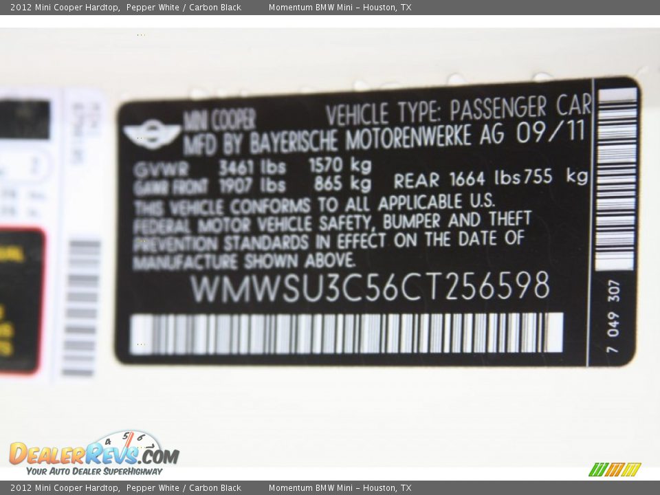 2012 Mini Cooper Hardtop Pepper White / Carbon Black Photo #8
