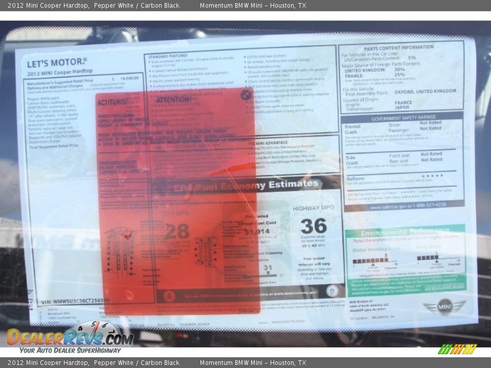 2012 Mini Cooper Hardtop Pepper White / Carbon Black Photo #23