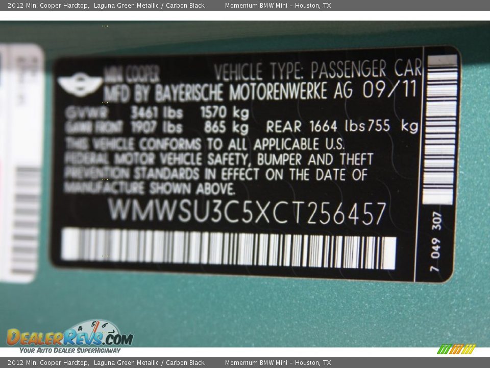 Info Tag of 2012 Mini Cooper Hardtop Photo #8