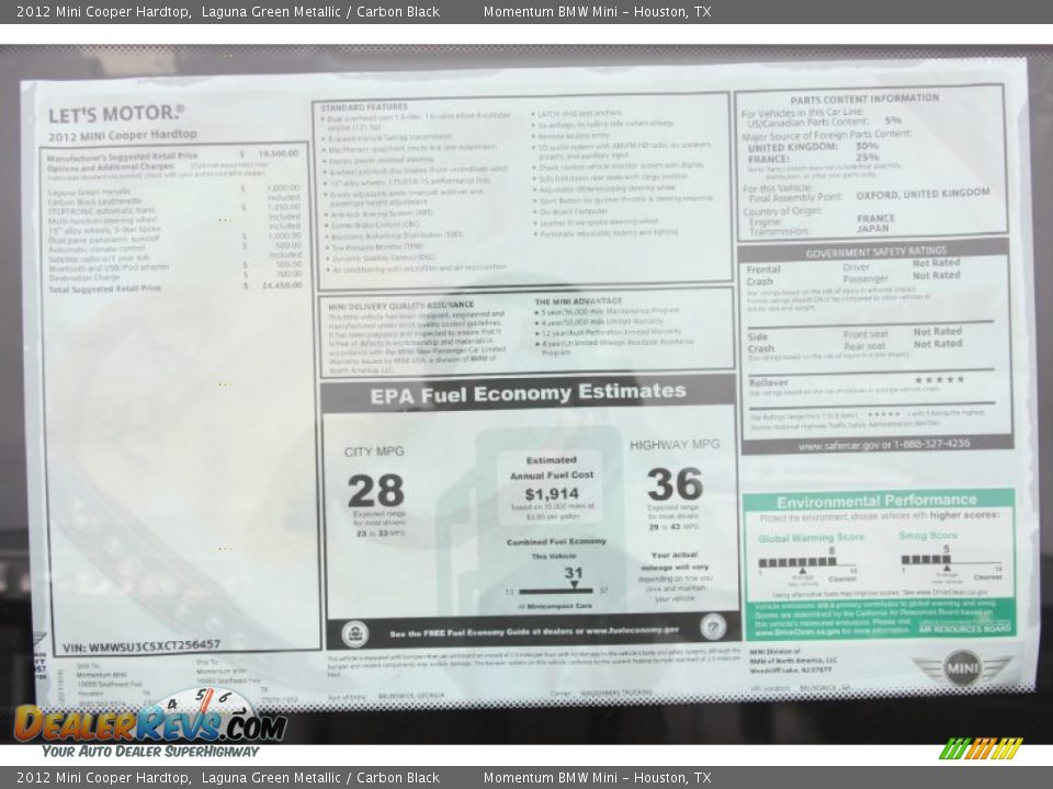 2012 Mini Cooper Hardtop Window Sticker Photo #24