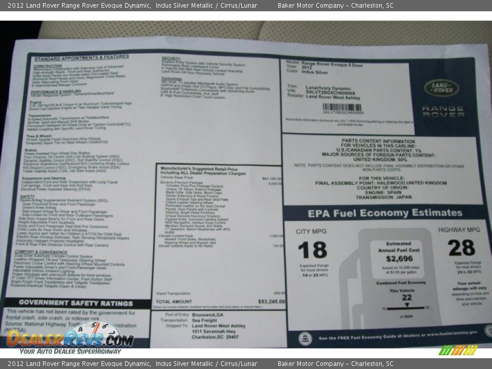 2012 Land Rover Range Rover Evoque Dynamic Window Sticker Photo #17