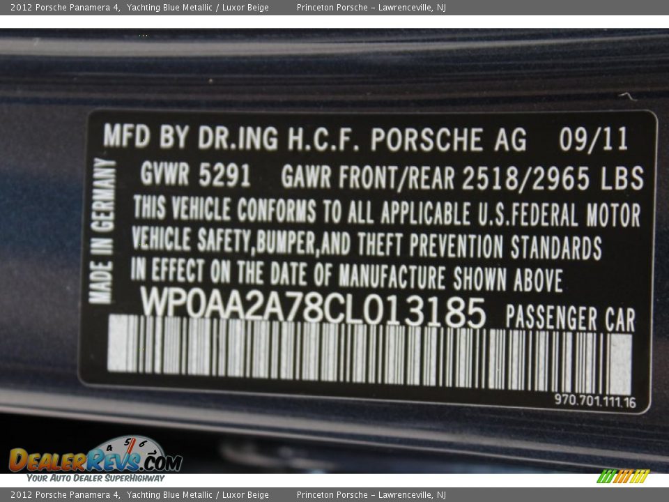 Info Tag of 2012 Porsche Panamera 4 Photo #34