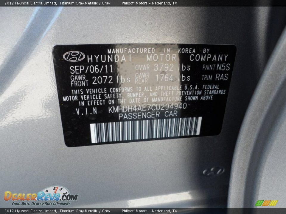 2012 Hyundai Elantra Limited Titanium Gray Metallic / Gray Photo #35