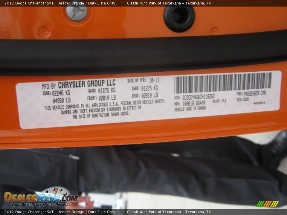 2012 Dodge Challenger SXT Header Orange / Dark Slate Gray Photo #21