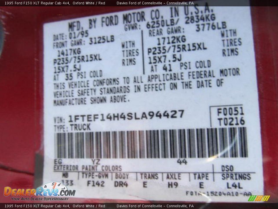 1995 Ford F150 XLT Regular Cab 4x4 Oxford White / Red Photo #14