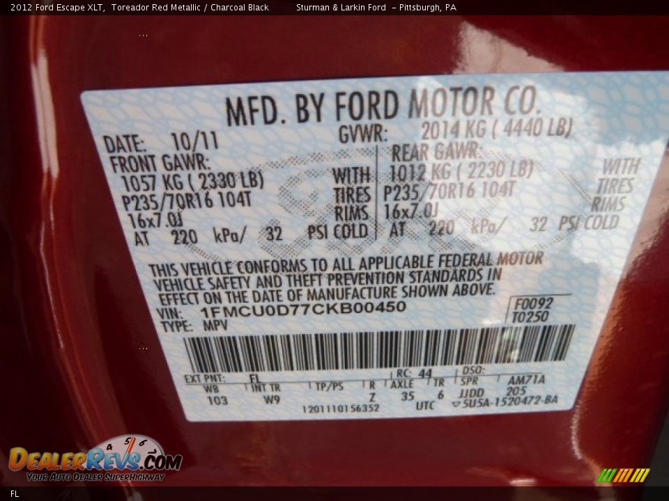 Ford Color Code FL Toreador Red Metallic