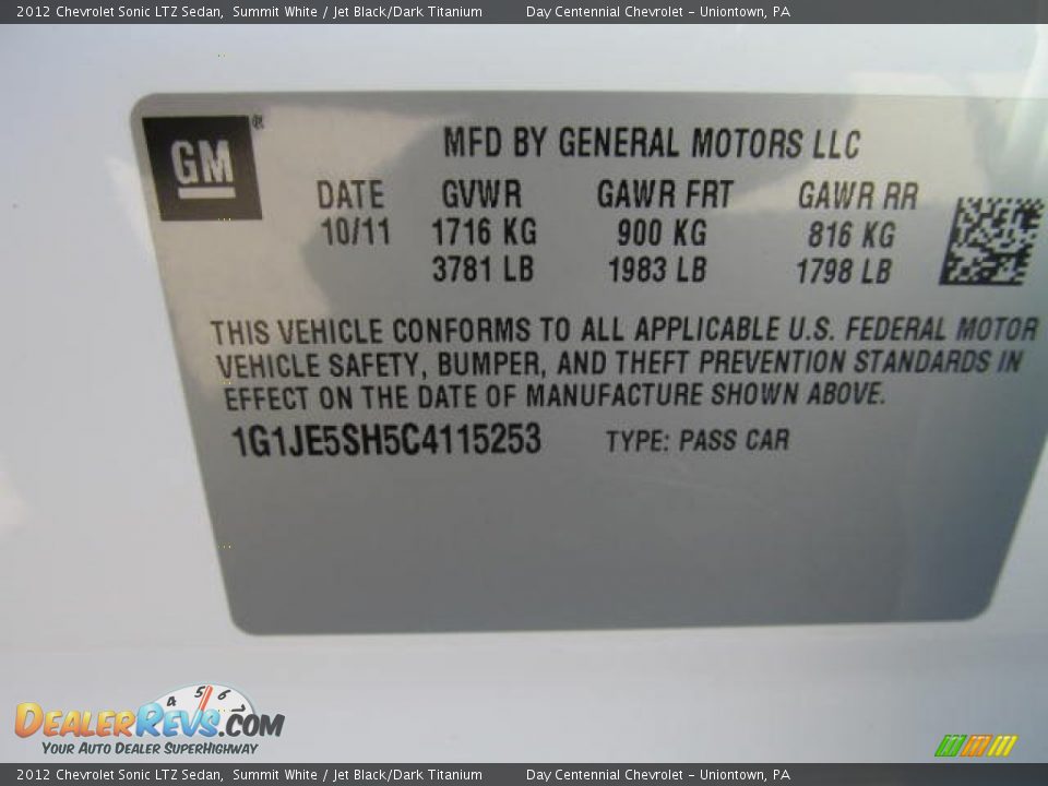 Info Tag of 2012 Chevrolet Sonic LTZ Sedan Photo #14