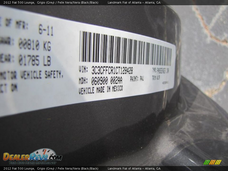 2012 Fiat 500 Lounge Grigio (Grey) / Pelle Nera/Nera (Black/Black) Photo #12