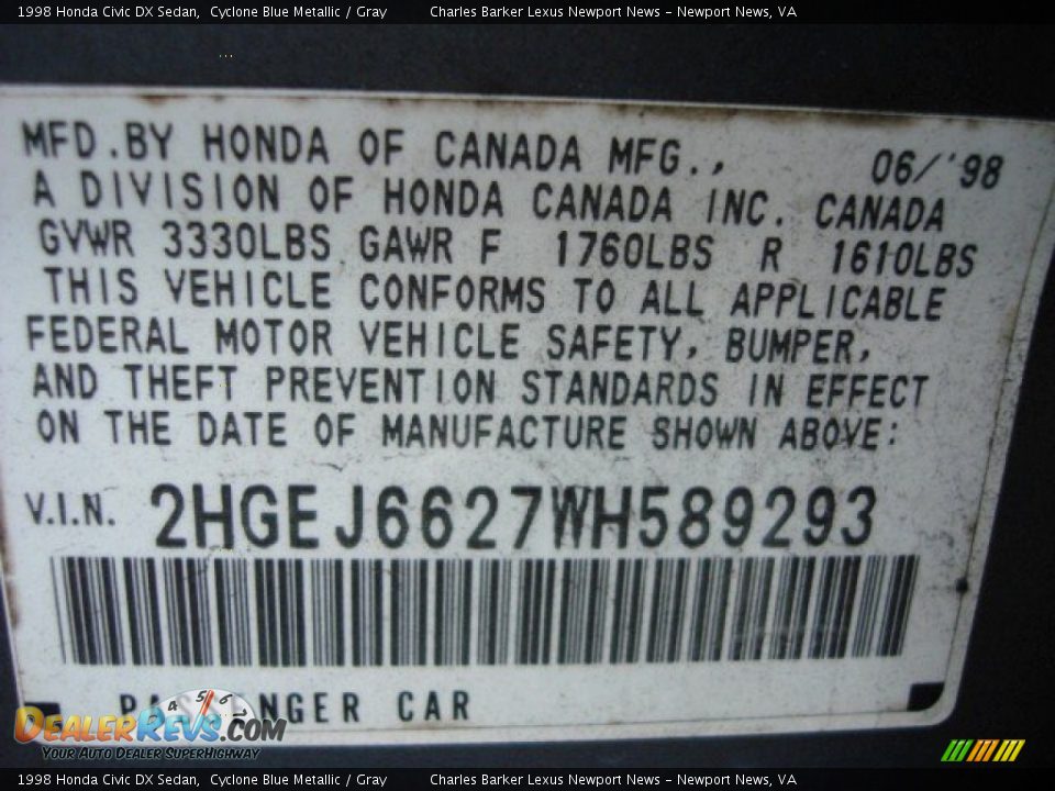 Info Tag of 1998 Honda Civic DX Sedan Photo #16
