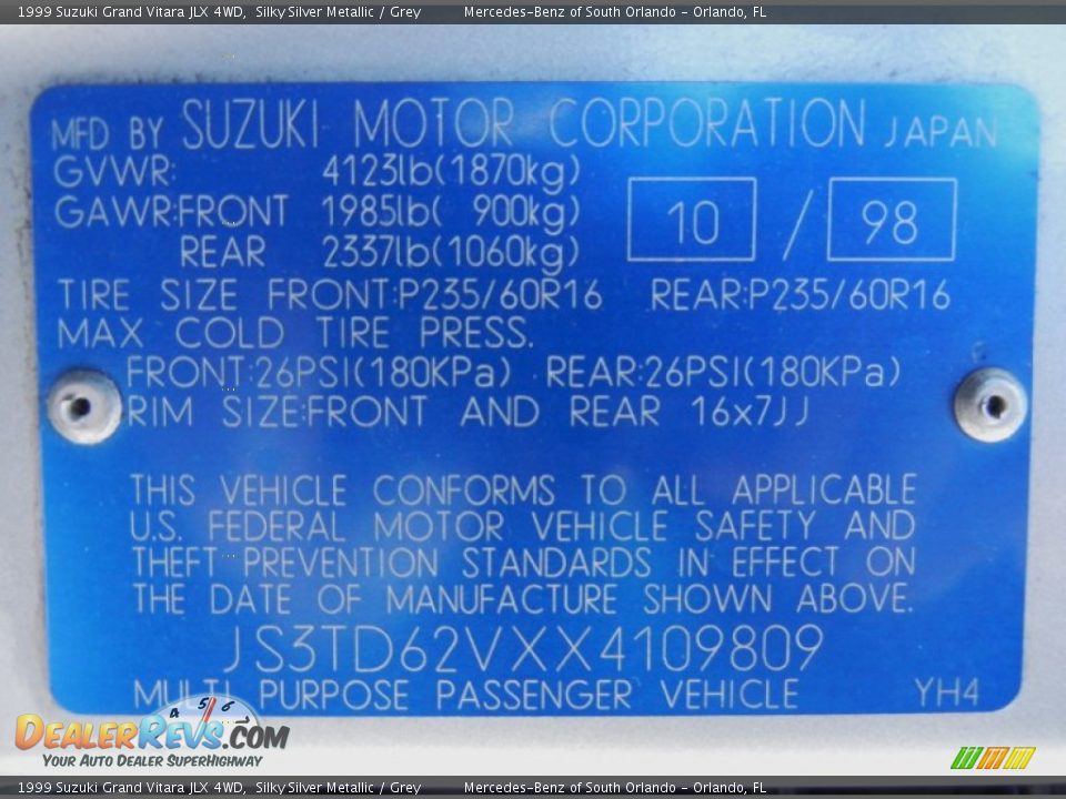 Info Tag of 1999 Suzuki Grand Vitara JLX 4WD Photo #29