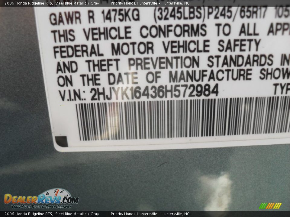 2006 Honda Ridgeline RTS Steel Blue Metallic / Gray Photo #9