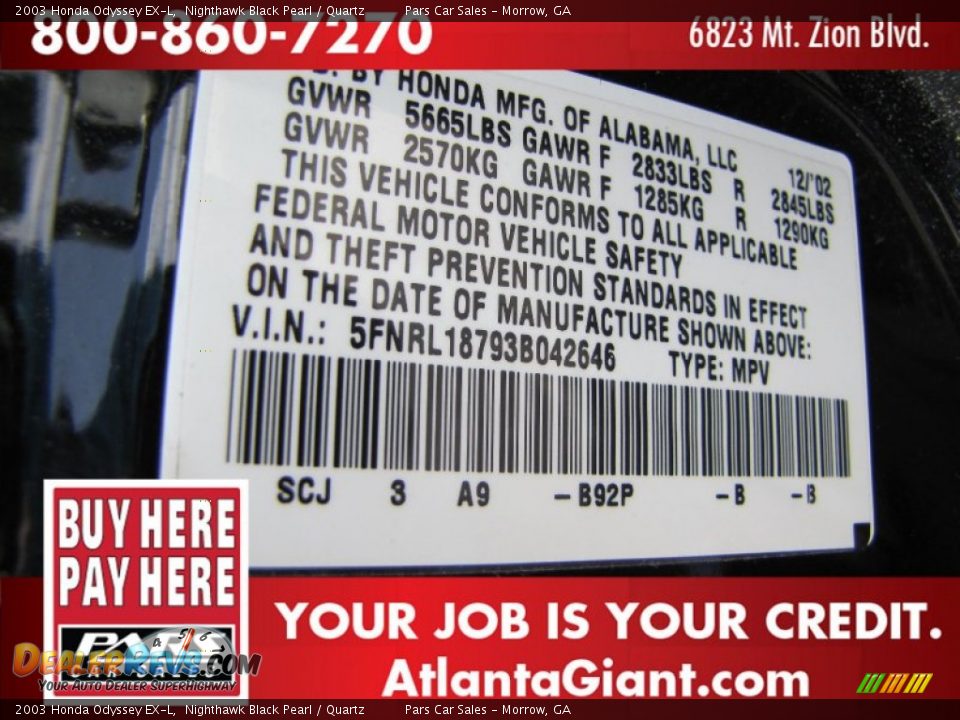 2003 Honda Odyssey EX-L Nighthawk Black Pearl / Quartz Photo #17