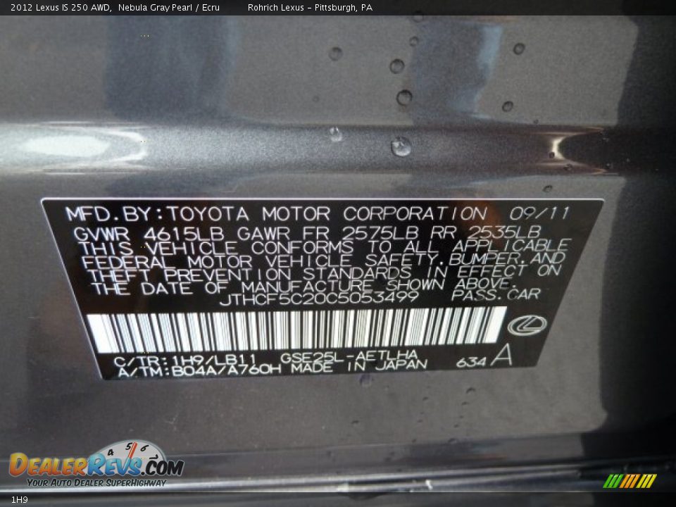 Lexus Color Code 1H9 Nebula Gray Pearl