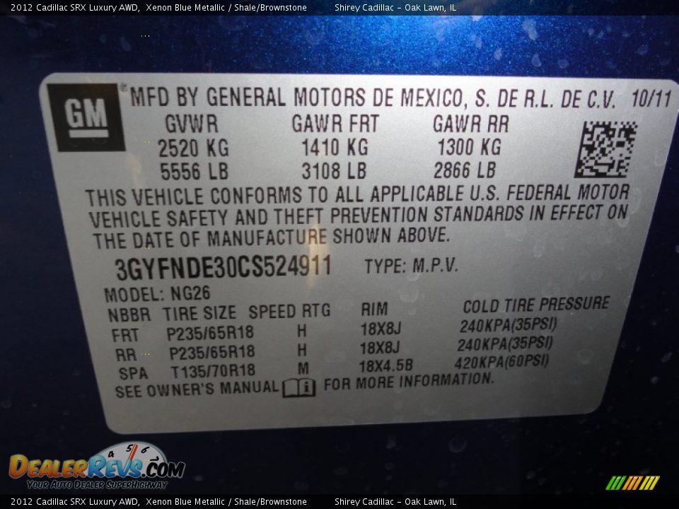 Info Tag of 2012 Cadillac SRX Luxury AWD Photo #16