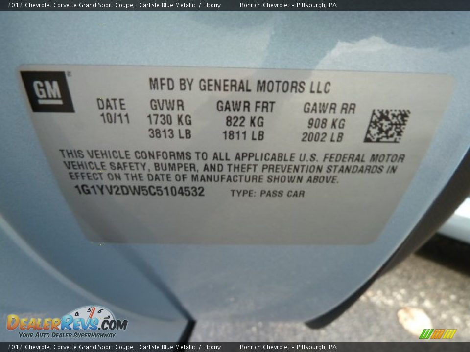 Info Tag of 2012 Chevrolet Corvette Grand Sport Coupe Photo #19