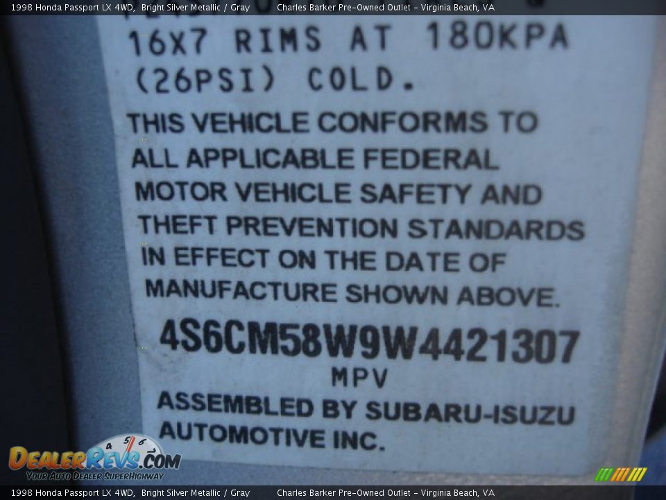 1998 Honda Passport LX 4WD Bright Silver Metallic / Gray Photo #22