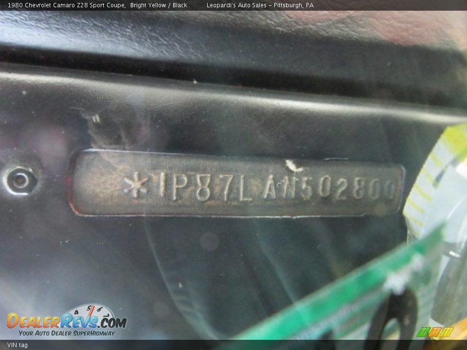 VIN tag - 1980 Chevrolet Camaro