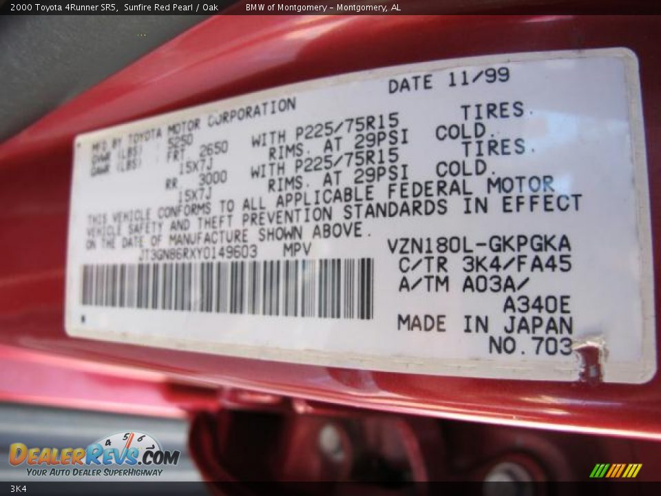 Toyota Color Code 3K4 Sunfire Red Pearl