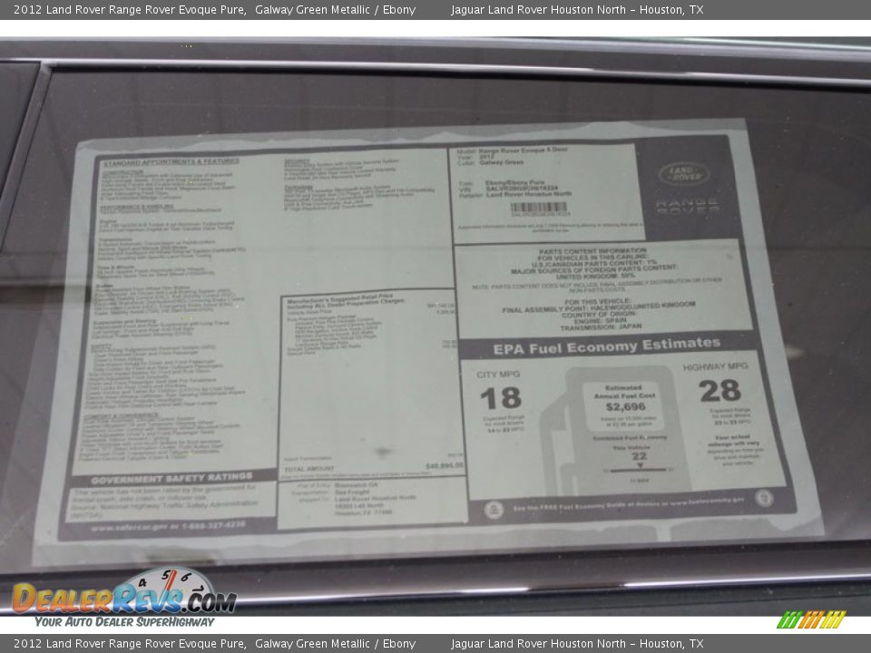 2012 Land Rover Range Rover Evoque Pure Window Sticker Photo #28