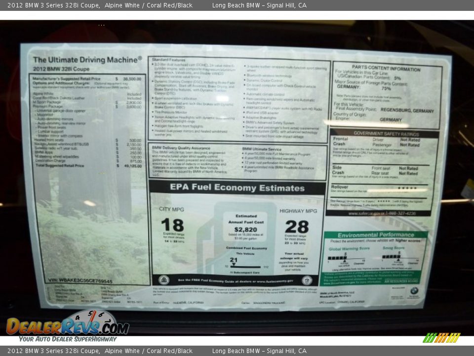 2012 BMW 3 Series 328i Coupe Window Sticker Photo #3