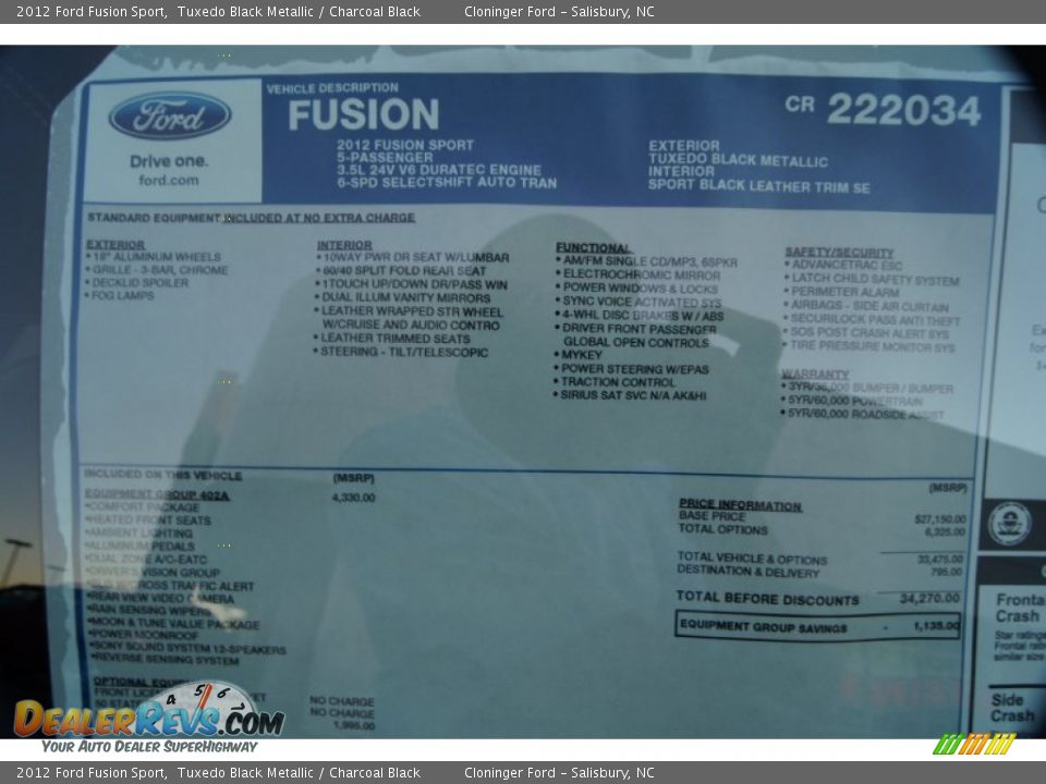 2012 Ford Fusion Sport Window Sticker Photo #8