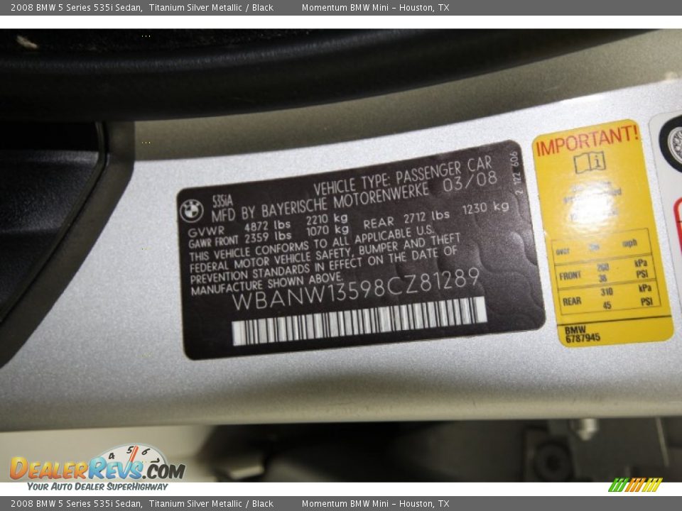 2008 BMW 5 Series 535i Sedan Titanium Silver Metallic / Black Photo #15