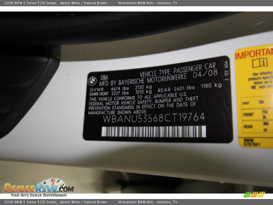 2008 BMW 5 Series 528i Sedan Alpine White / Natural Brown Photo #10