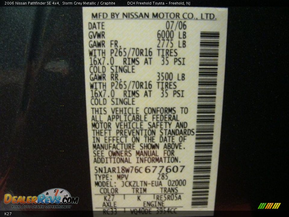 2006 Nissan pathfinder color code #9